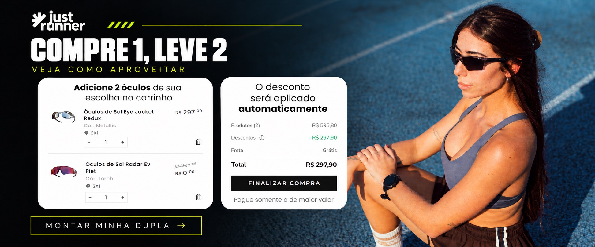 Compre 1, leve 2: adicione 2 óculos no carrinho e o desconto entra automaticamente. Montar minha dupla